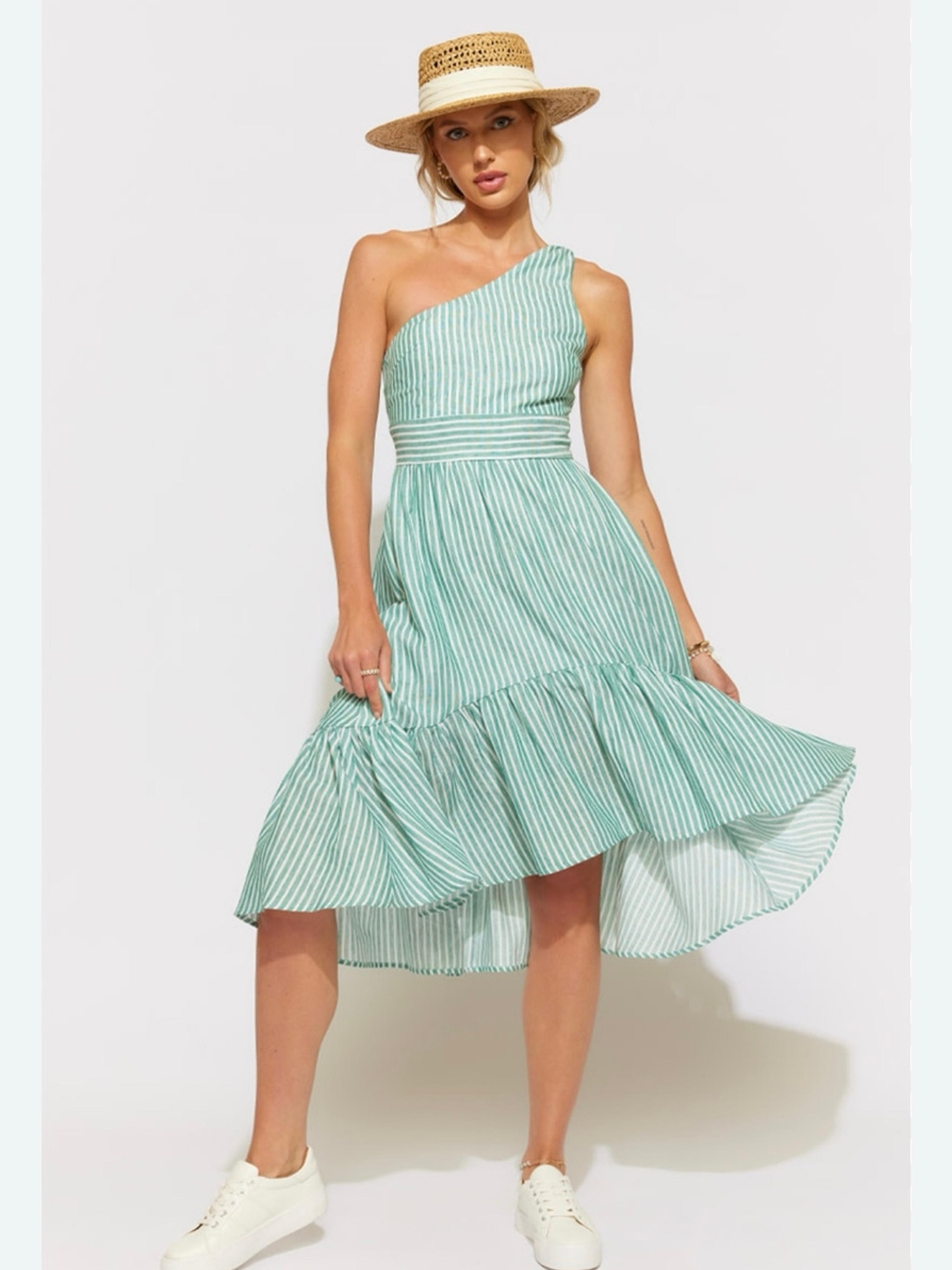 Francesca's One-Shoulder Mint & White Striped Midi Dress